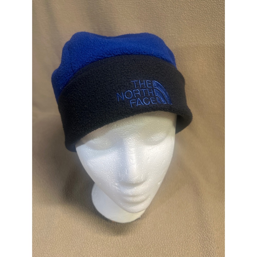 The North Face Fleece Beanie Hat Blue Black Embroidered Logo Cuffed Winter Mens